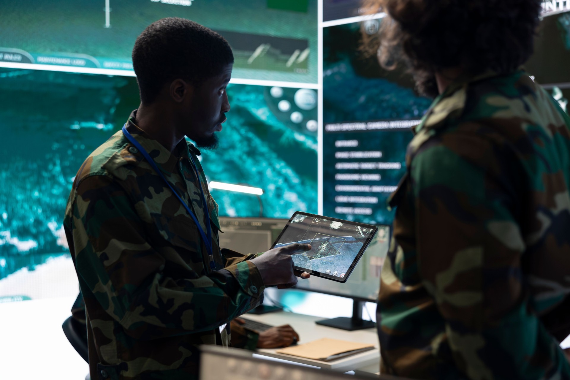 Team of diverse troopers examining satellite CCTV footage on a tablet